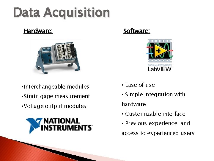 Data Acquisition Hardware: • Interchangeable modules • Strain gage measurement • Voltage output modules