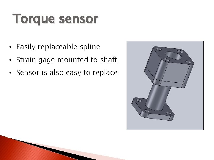 Torque sensor • Easily replaceable spline • Strain gage mounted to shaft • Sensor