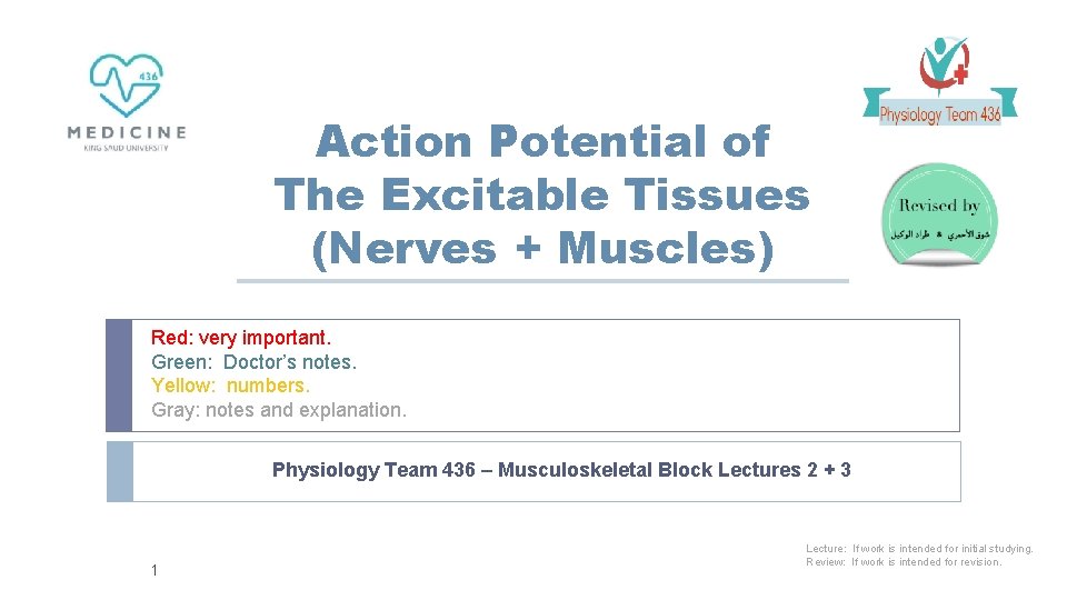 Action Potential of The Excitable Tissues (Nerves + Muscles) Red: very important. Green: Doctor’s