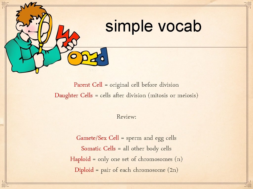 simple vocab Parent Cell = original cell before division Daughter Cells = cells after