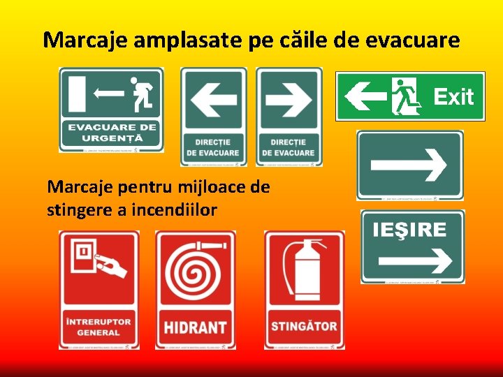 Marcaje amplasate pe căile de evacuare Marcaje pentru mijloace de stingere a incendiilor 