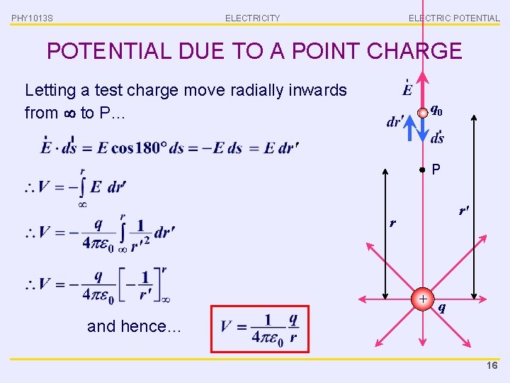 PHY 1013 S ELECTRICITY ELECTRIC POTENTIAL DUE TO A POINT CHARGE Letting a test