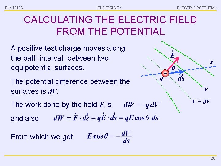 PHY 1013 S ELECTRICITY ELECTRIC POTENTIAL CALCULATING THE ELECTRIC FIELD FROM THE POTENTIAL A