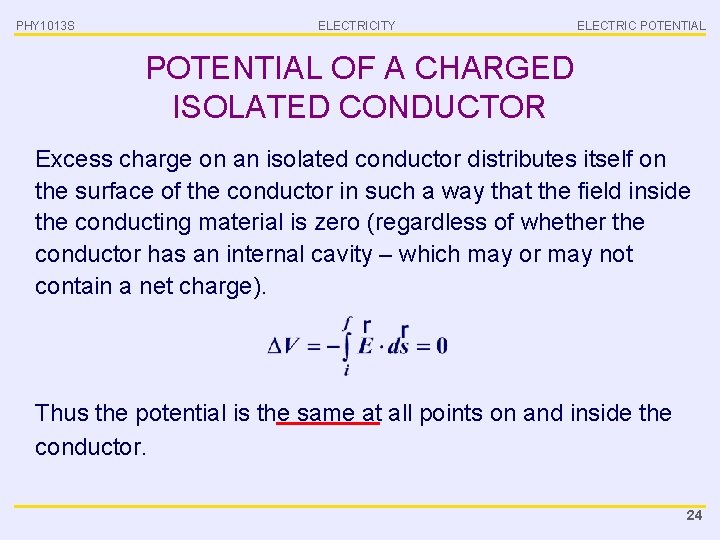 PHY 1013 S ELECTRICITY ELECTRIC POTENTIAL OF A CHARGED ISOLATED CONDUCTOR Excess charge on