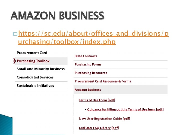 AMAZON BUSINESS � https: //sc. edu/about/offices_and_divisions/p urchasing/toolbox/index. php 