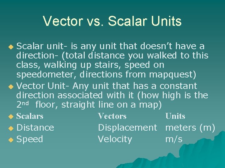 Vector vs. Scalar Units Scalar unit- is any unit that doesn’t have a direction-
