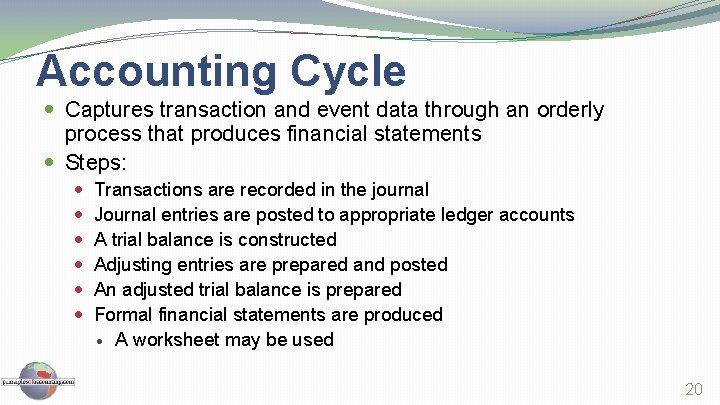 Accounting Cycle Captures transaction and event data through an orderly process that produces financial