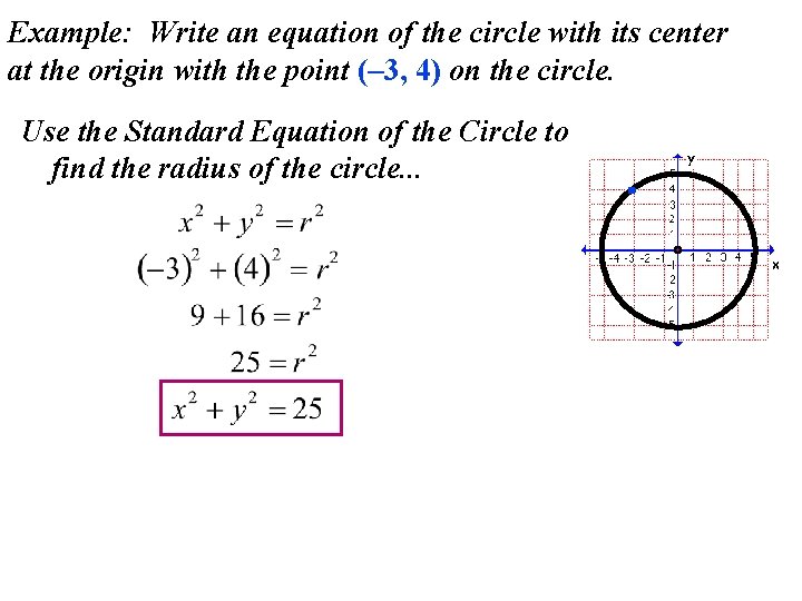 Example: Write an equation of the circle with its center at the origin with