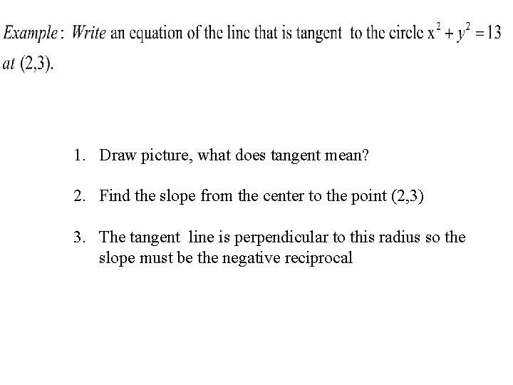 1. Draw picture, what does tangent mean? 2. Find the slope from the center