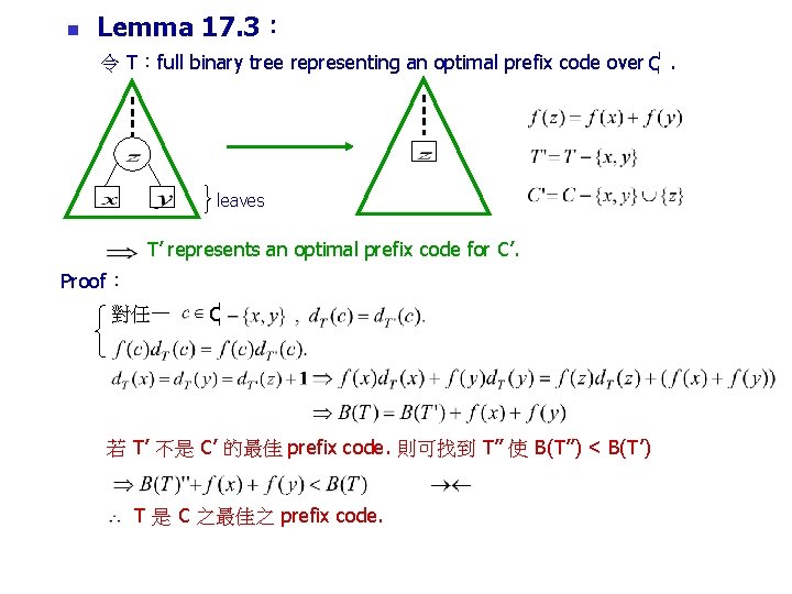 n Lemma 17. 3： 令 T：full binary tree representing an optimal prefix code over