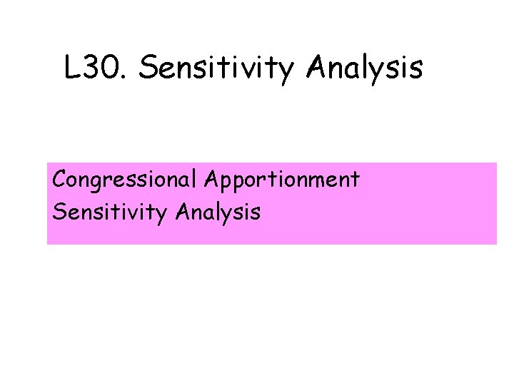 L 30. Sensitivity Analysis Congressional Apportionment Sensitivity Analysis 