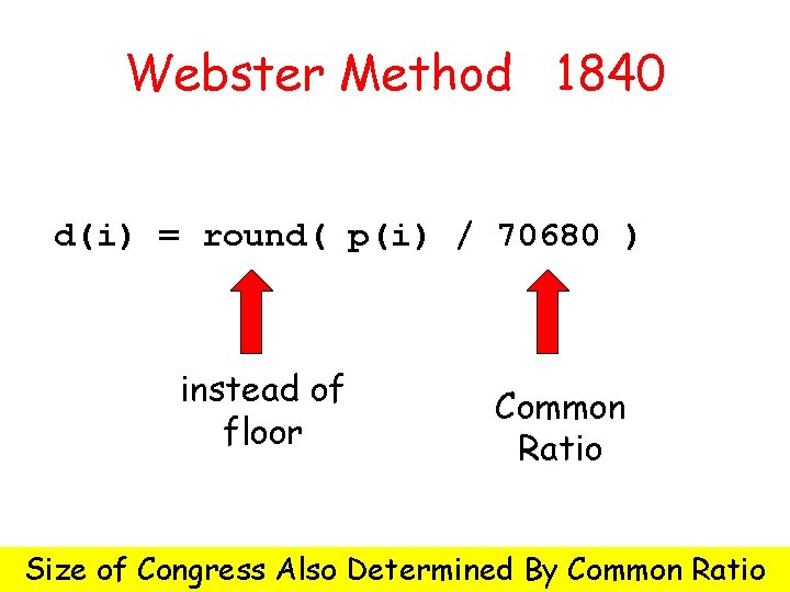 Webster Method 1840 d(i) = round( p(i) / 70680 ) instead of floor Common