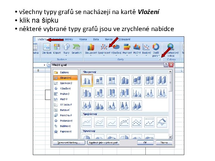  • všechny typy grafů se nacházejí na kartě Vložení • klik na šipku