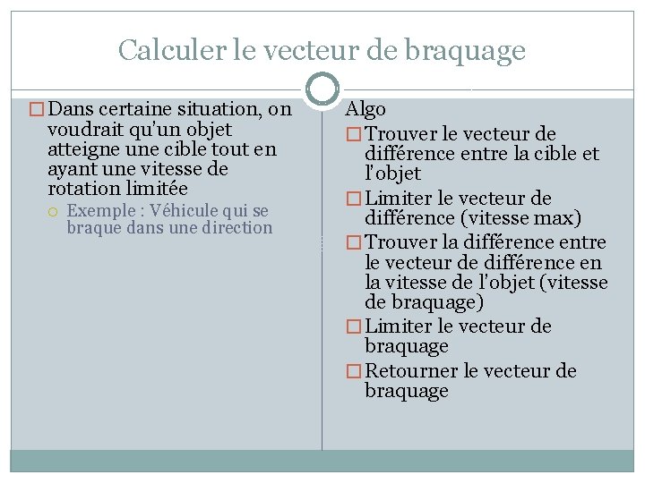 Calculer le vecteur de braquage � Dans certaine situation, on voudrait qu’un objet atteigne