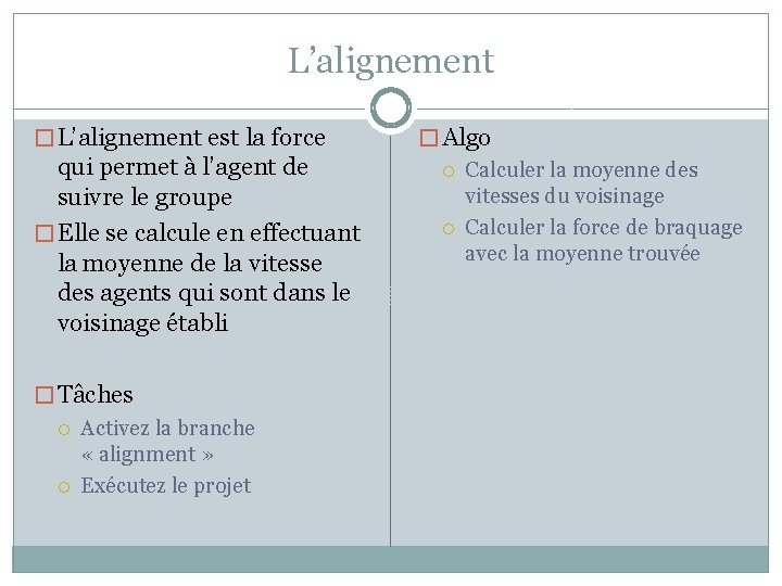 L’alignement � L’alignement est la force qui permet à l’agent de suivre le groupe