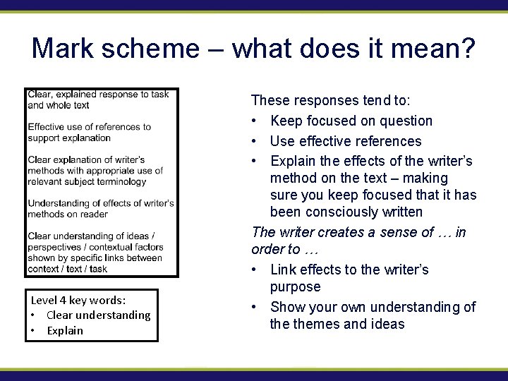 Mark scheme – what does it mean? Level 4 key words: • Clear understanding