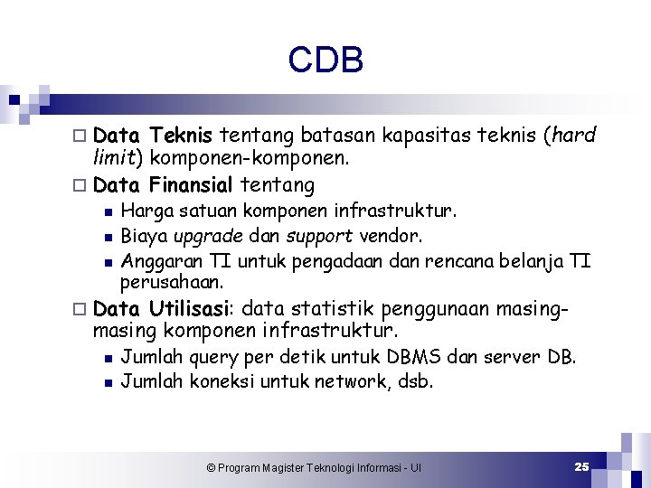 CDB ¨ Data Teknis tentang batasan kapasitas teknis (hard limit) komponen-komponen. ¨ Data Finansial