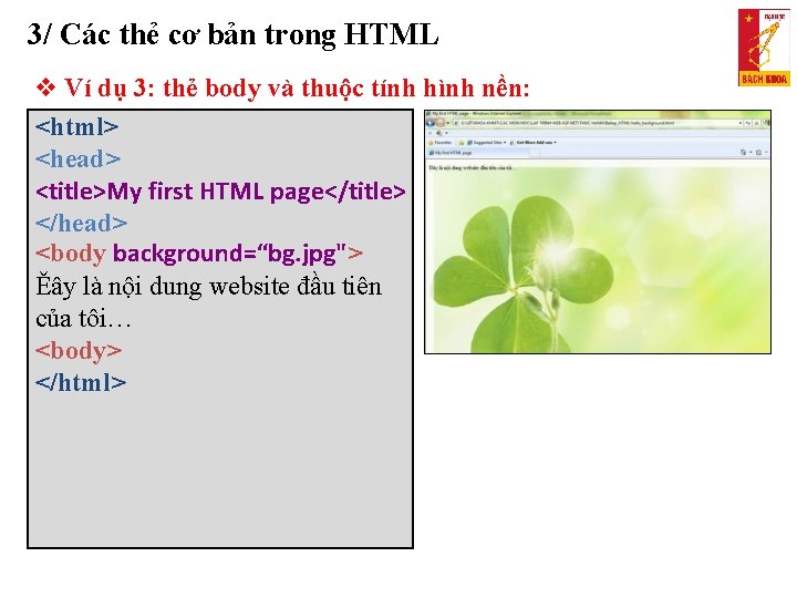 3/ Các thẻ cơ bản trong HTML Ví dụ 3: thẻ body và thuộc