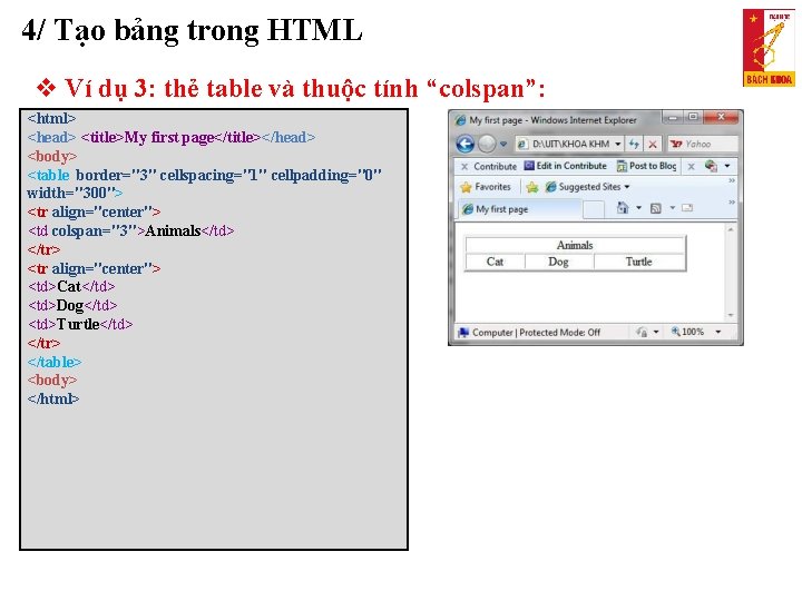 4/ Tạo bảng trong HTML Ví dụ 3: thẻ table và thuộc tính “colspan”: