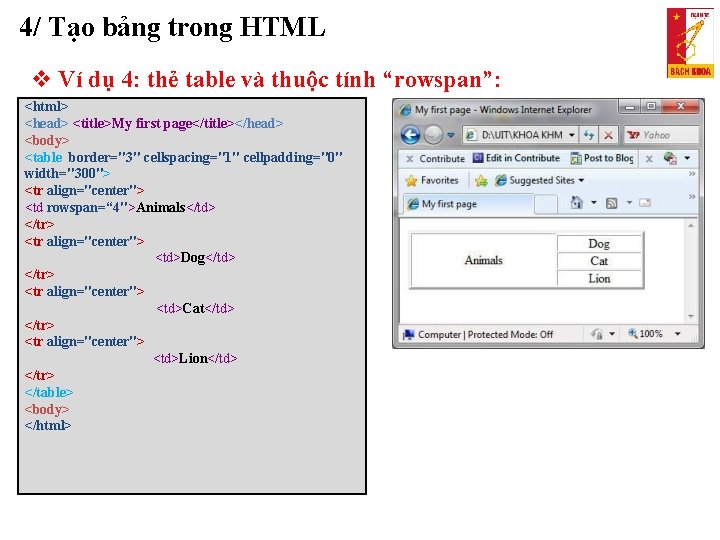 4/ Tạo bảng trong HTML Ví dụ 4: thẻ table và thuộc tính “rowspan”: