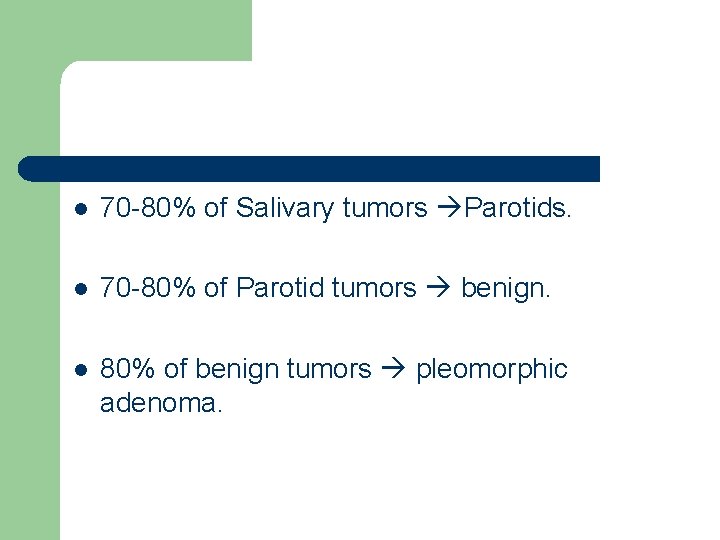 l 70 -80% of Salivary tumors Parotids. l 70 -80% of Parotid tumors benign.