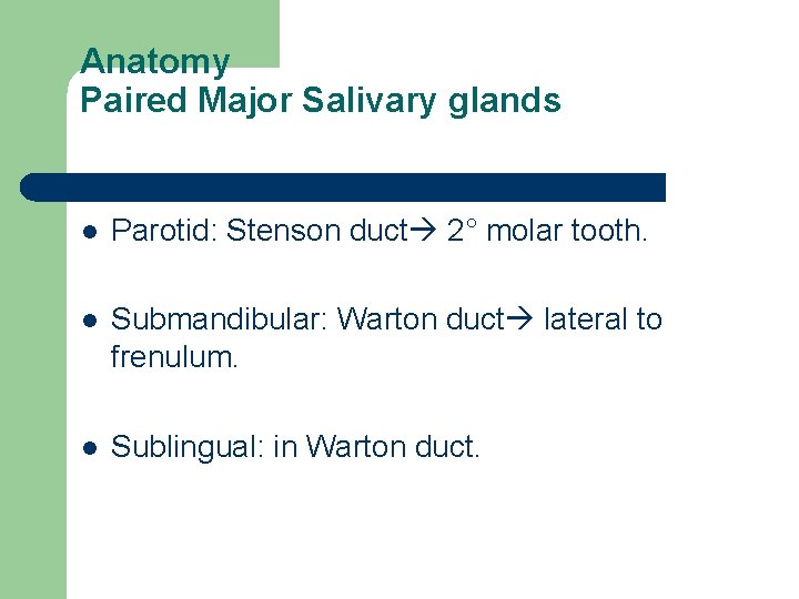 Anatomy Paired Major Salivary glands l Parotid: Stenson duct 2° molar tooth. l Submandibular: