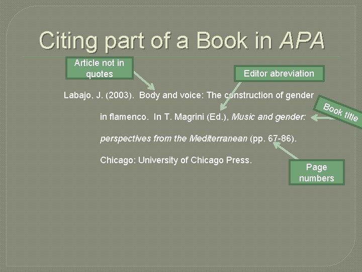 Citing part of a Book in APA Article not in quotes Editor abreviation Labajo,