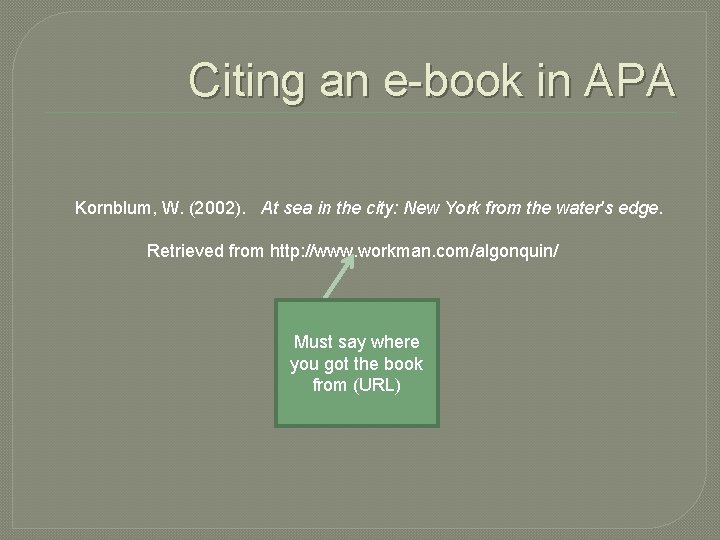 Citing an e-book in APA Kornblum, W. (2002). At sea in the city: New