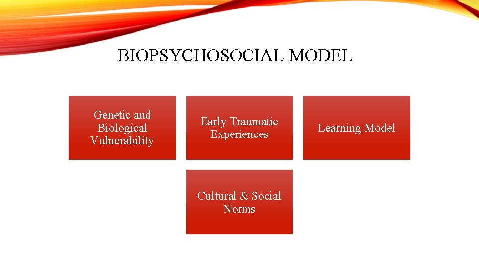 BIOPSYCHOSOCIAL MODEL Genetic and Biological Vulnerability Early Traumatic Experiences Cultural & Social Norms Learning