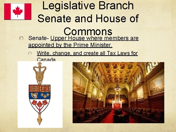 Legislative Branch Senate and House of Commons Senate- Upper House where members are appointed