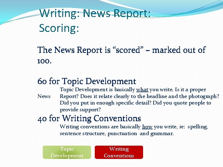 Writing: News Report: Scoring: The News Report is “scored” – marked out of 100.