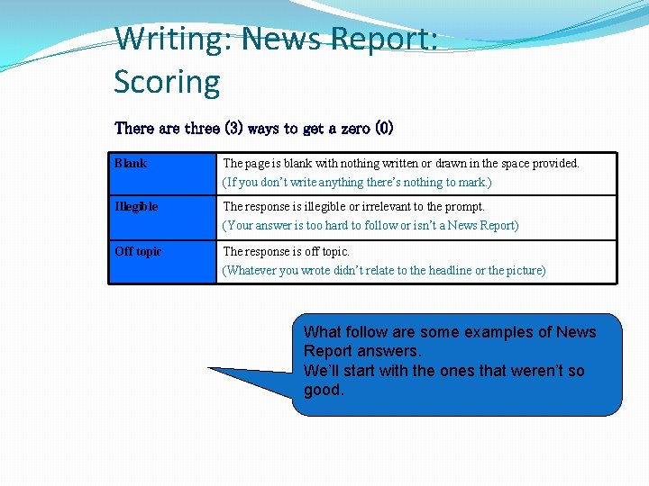 Writing: News Report: Scoring There are three (3) ways to get a zero (0)