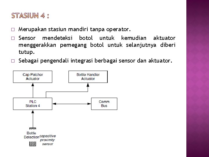 � � � Merupakan stasiun mandiri tanpa operator. Sensor mendeteksi botol untuk kemudian aktuator