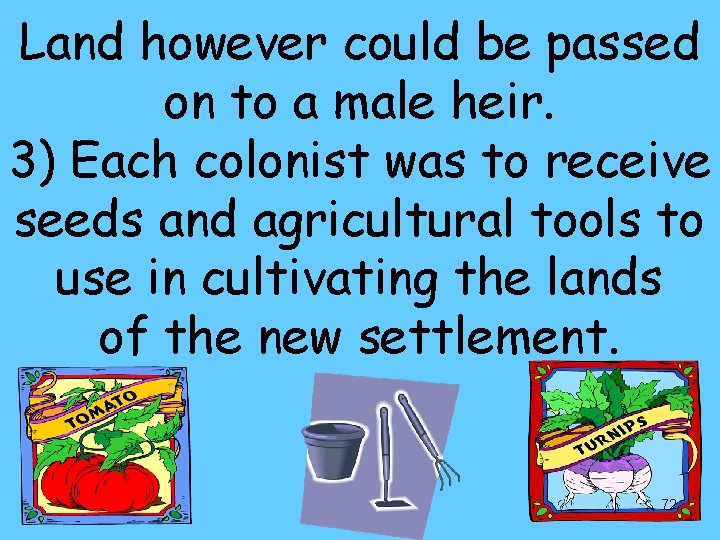 Land however could be passed on to a male heir. 3) Each colonist was