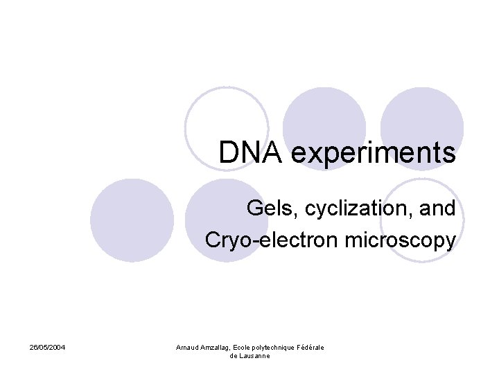 DNA experiments Gels, cyclization, and Cryo-electron microscopy 26/05/2004 Arnaud Amzallag, Ecole polytechnique Fédérale de