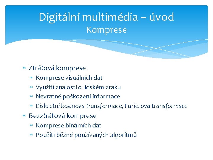 Digitální multimédia – úvod Komprese Ztrátová komprese Komprese visuálních dat Využití znalostí o lidském