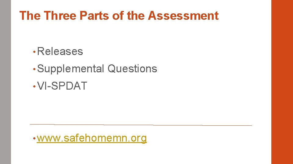 The Three Parts of the Assessment • Releases • Supplemental Questions • VI-SPDAT •