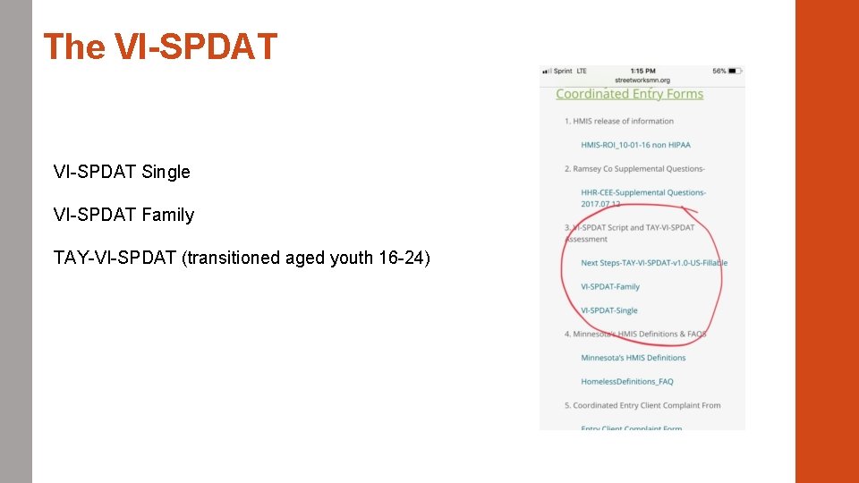 The VI-SPDAT Single VI-SPDAT Family TAY-VI-SPDAT (transitioned aged youth 16 -24) 