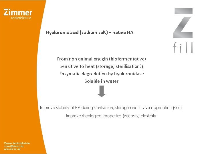 Hyaluronic acid (sodium salt) – native HA From non animal orgigin (biofermentative) Sensitive to