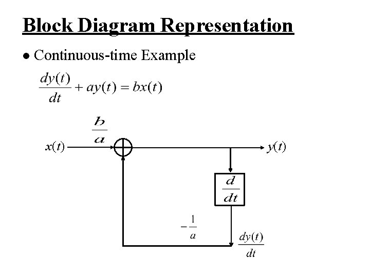Block Diagram Representation l Continuous-time Example x(t) y(t) 