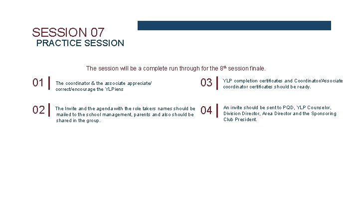 SESSION 07 PRACTICE SESSION The session will be a complete run through for the