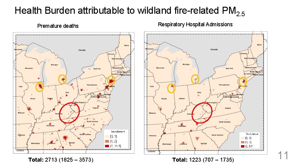 Health Burden attributable to wildland fire-related PM 2. 5 Premature deaths Total: 2713 (1825