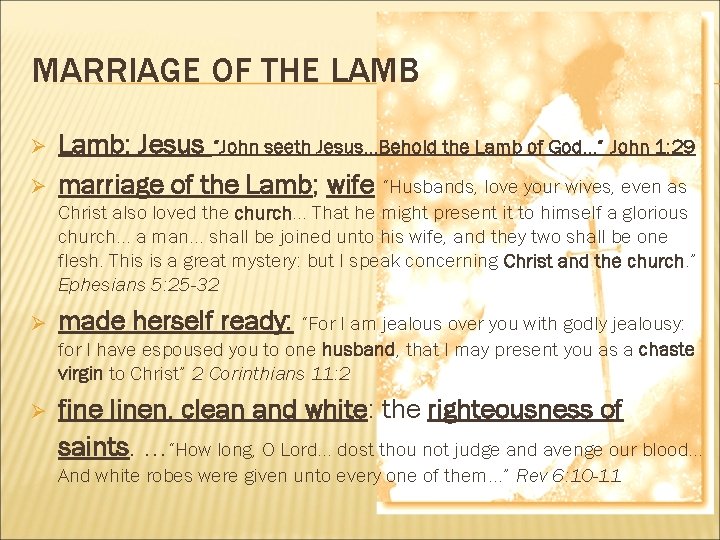MARRIAGE OF THE LAMB Ø Ø Lamb: Jesus “John seeth Jesus. . . Behold