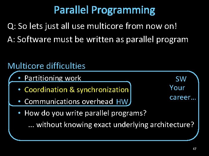 Parallel Programming Q: So lets just all use multicore from now on! A: Software