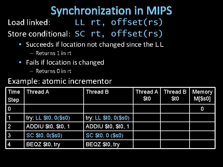 Synchronization in MIPS Load linked: LL rt, offset(rs) Store conditional: SC rt, offset(rs) •