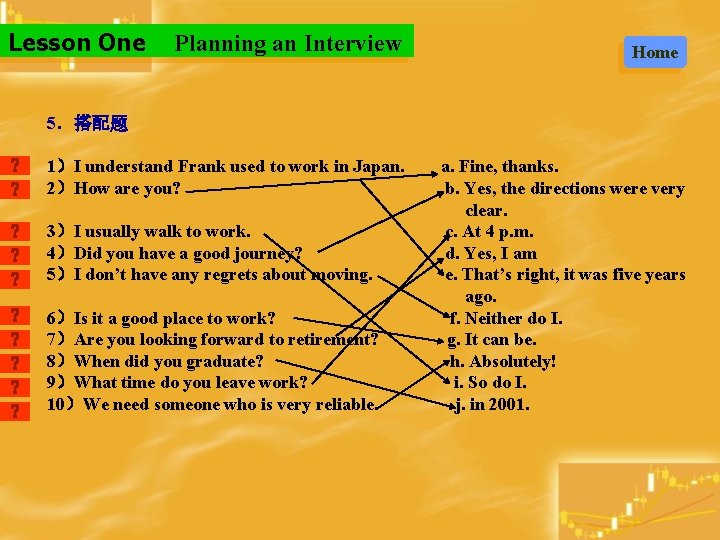 Lesson One Planning an Interview Home 5．搭配题 1）I understand Frank used to work in