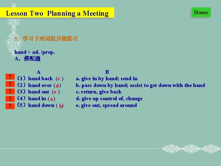 Lesson Two Planning a Meeting Home 5．学习下列词组并做练习 hand + ad. /prep. A．搭配题 A （1）hand