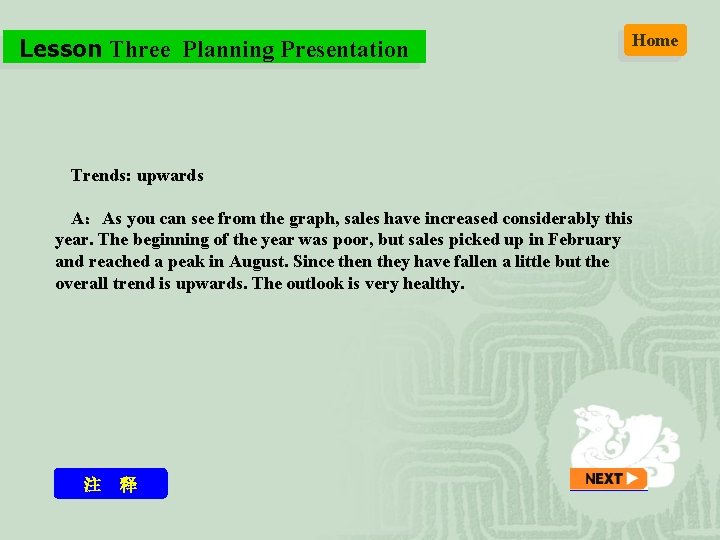 Lesson Three Planning Presentation Home Trends: upwards A：As you can see from the graph,