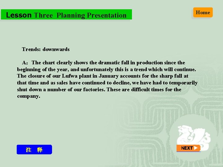 Lesson Three Planning Presentation Home Trends: downwards A：The chart clearly shows the dramatic fall