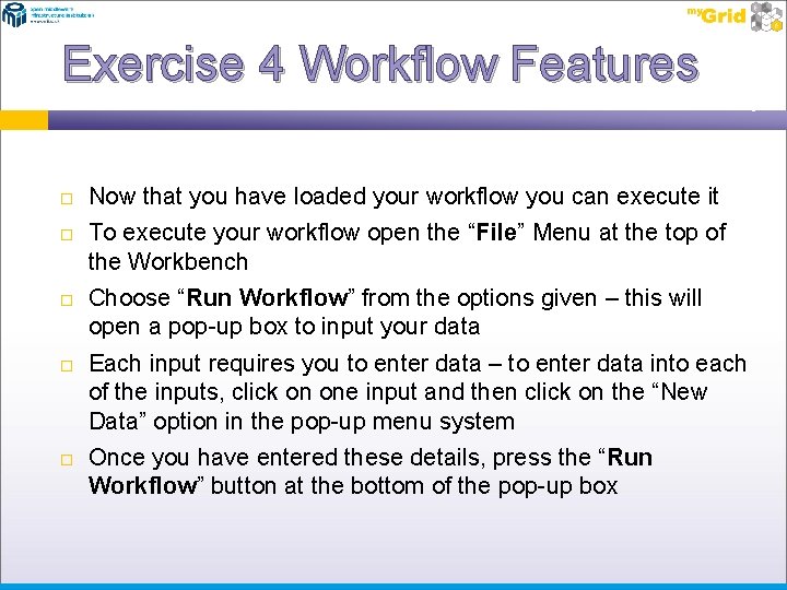Exercise 4 Workflow Features Now that you have loaded your workflow you can execute